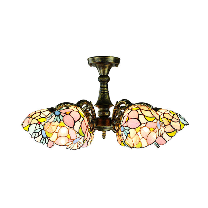 Vintage Tiffany Stained Glass Pendant Light Chandelier with Peacock Tail Design - 6 Lights, Antique Bronze