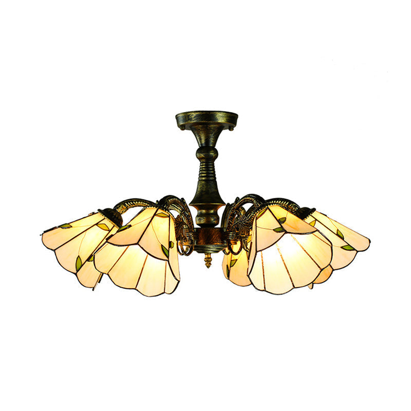 Vintage Tiffany Stained Glass Pendant Light Chandelier with Peacock Tail Design - 6 Lights, Antique Bronze