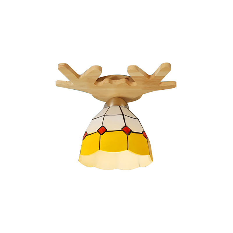 Tiffany Traditional Bowl Ceiling Light with Antlers Art Glass - Single Light, Yellow