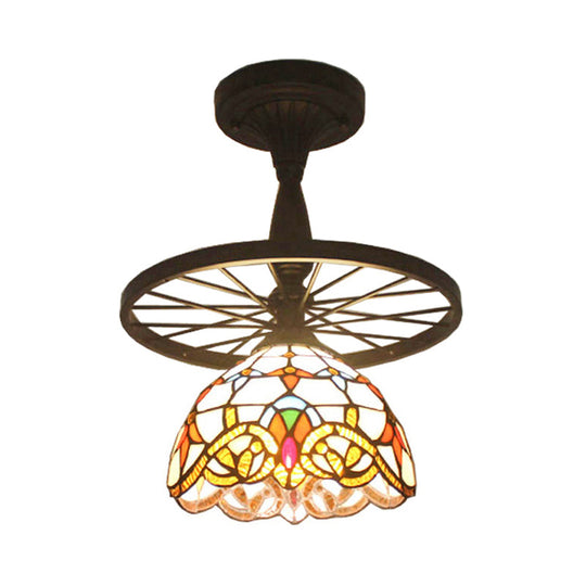 Tiffany Domed Semi Flush Mount Light: Wheel 1 Bulb Stained Glass Ceiling Light (Orange/Beige) For