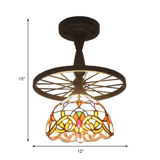 Tiffany Domed Semi Flush Mount Light: Wheel 1 Bulb Stained Glass Ceiling Light (Orange/Beige) For