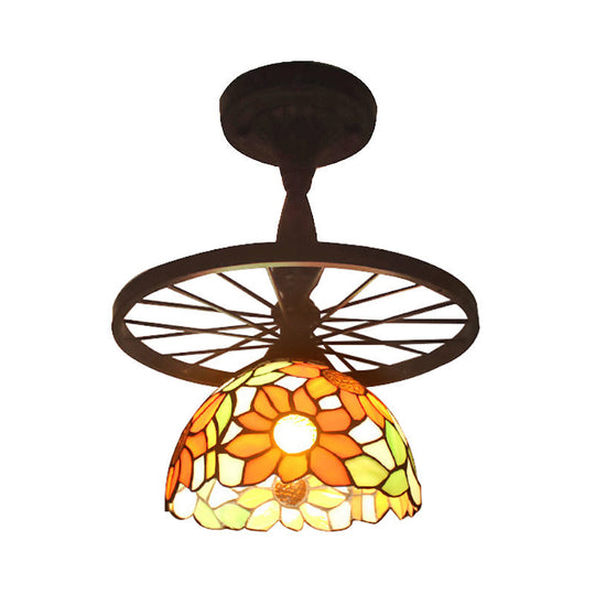 Tiffany Domed Semi Flush Mount Light: Wheel 1 Bulb Stained Glass Ceiling Light (Orange/Beige) For