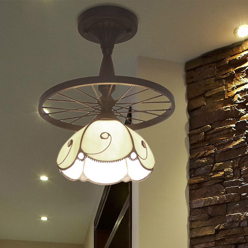 Beige Petal Shaped Ceiling Light with Tiffany Glass for Cafe - Semi Flush, 1 Light