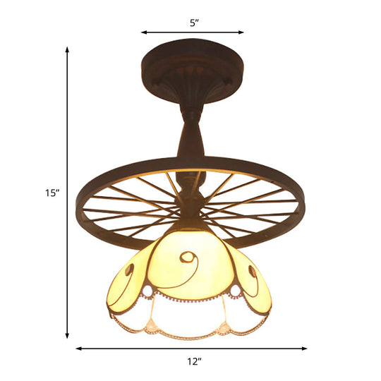 Beige Petal Shaped Ceiling Light with Tiffany Glass for Cafe - Semi Flush, 1 Light