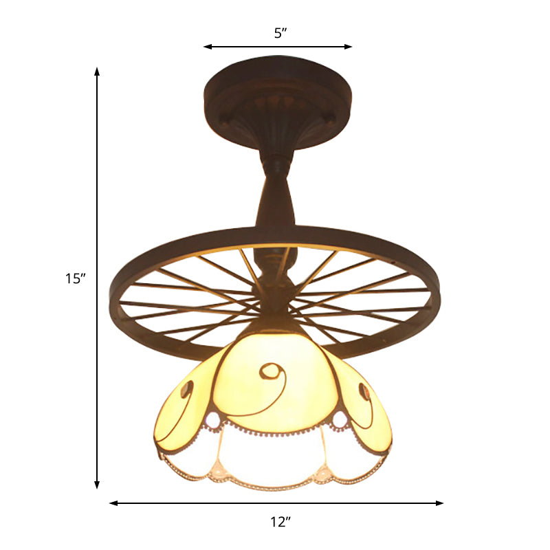 Beige Petal Shaped Ceiling Light With Tiffany Glass For Cafe - Semi Flush 1