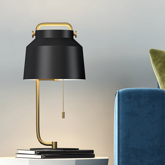 Contemporary Metal Tapered Drum Table Lamp In Black With Pull Chain - Perfect Bedroom Night Lighting