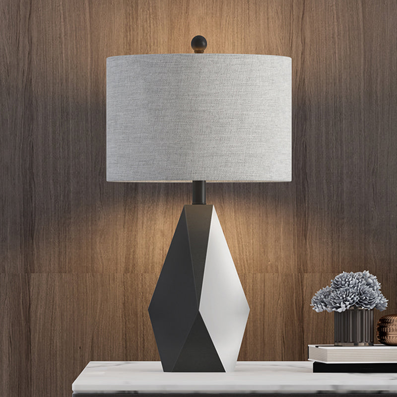 Minimal Grey Fabric Cylinder Table Lamp With Metal Geometric Base And Night Lighting