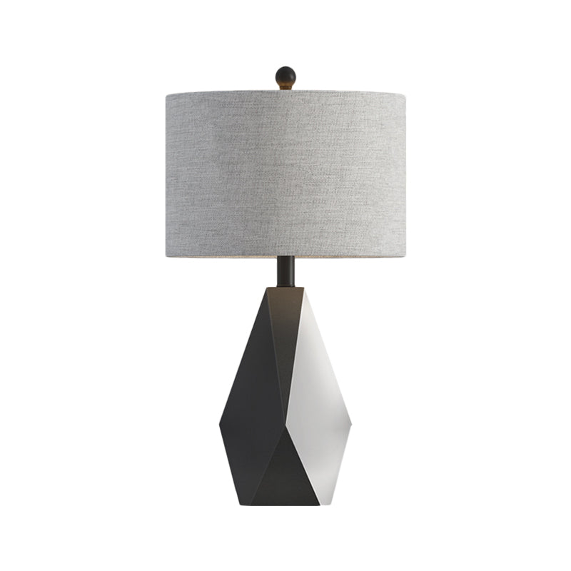 Minimal Grey Fabric Cylinder Table Lamp With Metal Geometric Base And Night Lighting