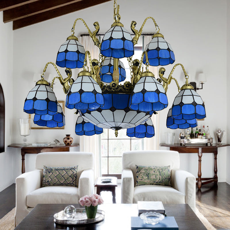 Tiffany Style Blue Chandelier Light - 15-Light Living Room Ceiling Lamp With Dome Cut Glass Shade