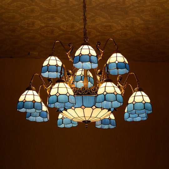 Tiffany Style Blue Chandelier Light - 15-Light Living Room Ceiling Lamp With Dome Cut Glass Shade