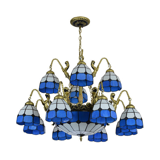 Blue Tiffany Style Chandelier Light: 15-Light Living Room Ceiling Lamp with Dome Cut Glass Shade