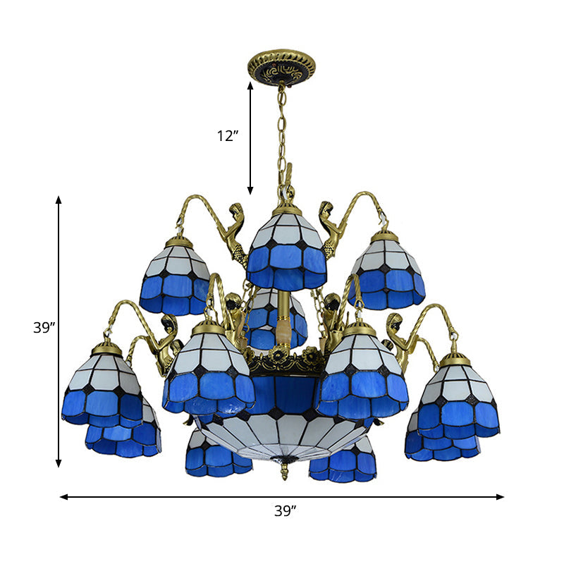 Blue Tiffany Style Chandelier Light: 15-Light Living Room Ceiling Lamp with Dome Cut Glass Shade