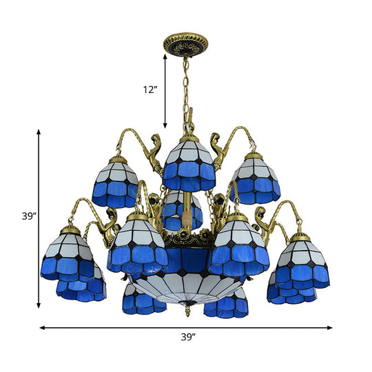 Blue Tiffany Style Chandelier Light: 15-Light Living Room Ceiling Lamp with Dome Cut Glass Shade