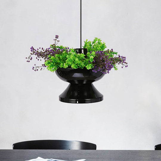 Farmhouse 1-Head Black Metal Hot Pot Pendant With Led Ceiling Light & Artificial Plant Deco For