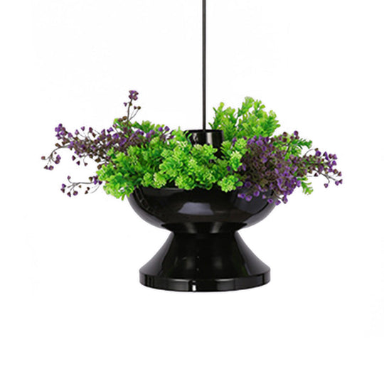 Farmhouse 1-Head Black Metal Hot Pot Pendant With Led Ceiling Light & Artificial Plant Deco For