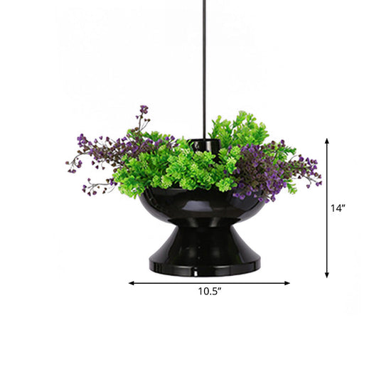 Farmhouse 1-Head Black Metal Hot Pot Pendant With Led Ceiling Light & Artificial Plant Deco For