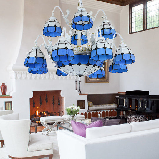 Blue Grid Pattern Tiffany Pendant Light with 15 Stained Glass Chandelier Lights and Mermaid Decoration