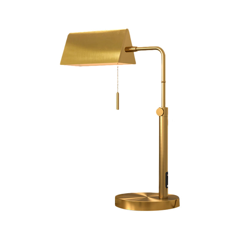 Contemporary Gold Metal Nightstand Lamp With Pull Chain - Rectangle Shape Perfect For Bedroom