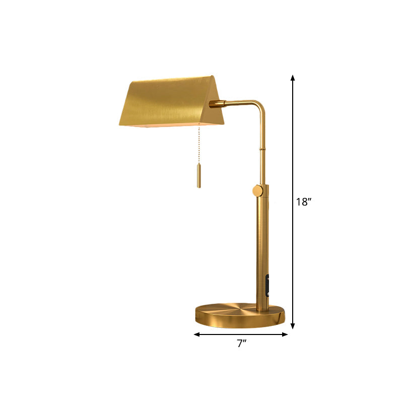 Contemporary Gold Metal Nightstand Lamp With Pull Chain - Rectangle Shape Perfect For Bedroom