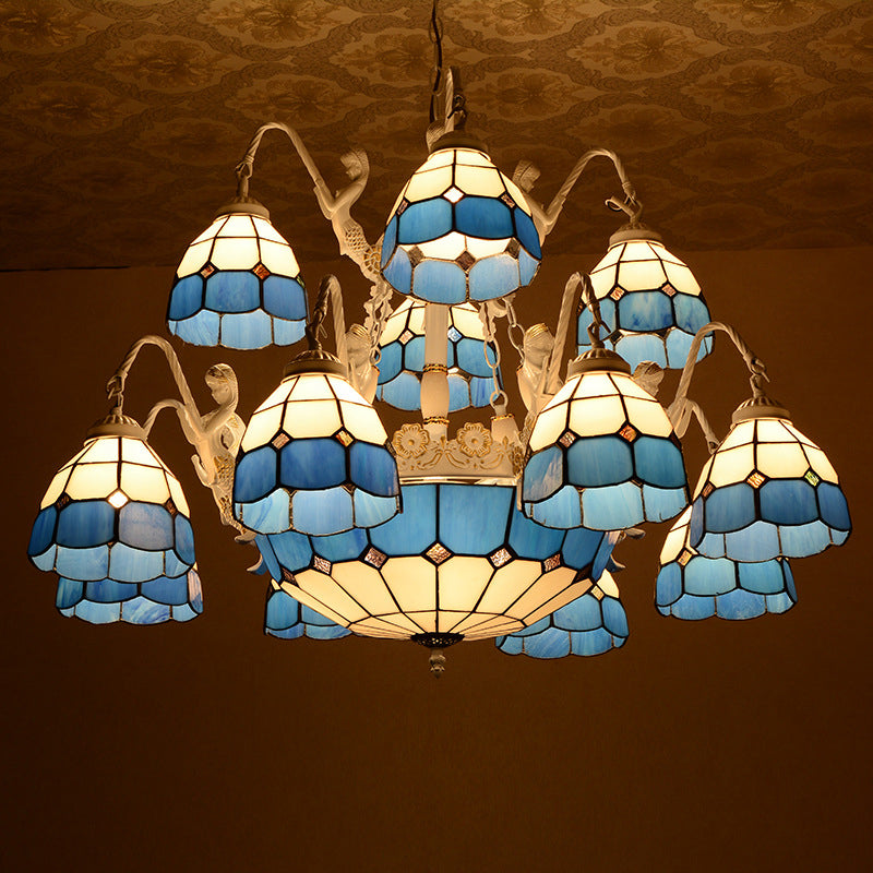 Blue Grid Pattern Tiffany Pendant Light with 15 Stained Glass Chandelier Lights and Mermaid Decoration