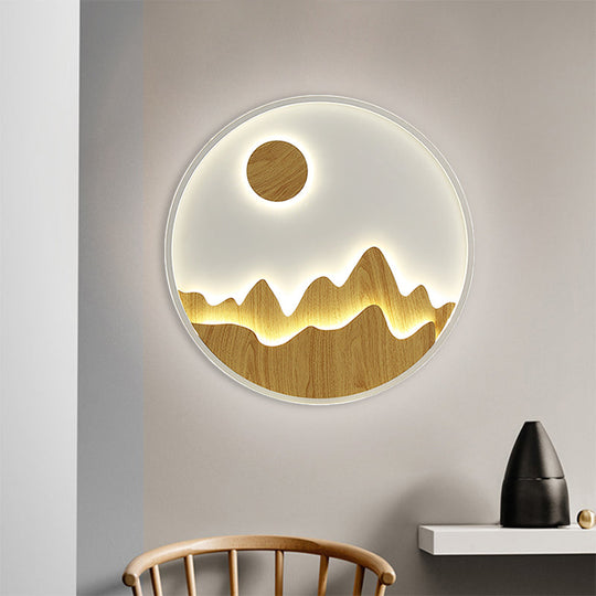 Wooden Sunlit Mountain Wall Lamp - Asian Circular Led Lighting In Yellow