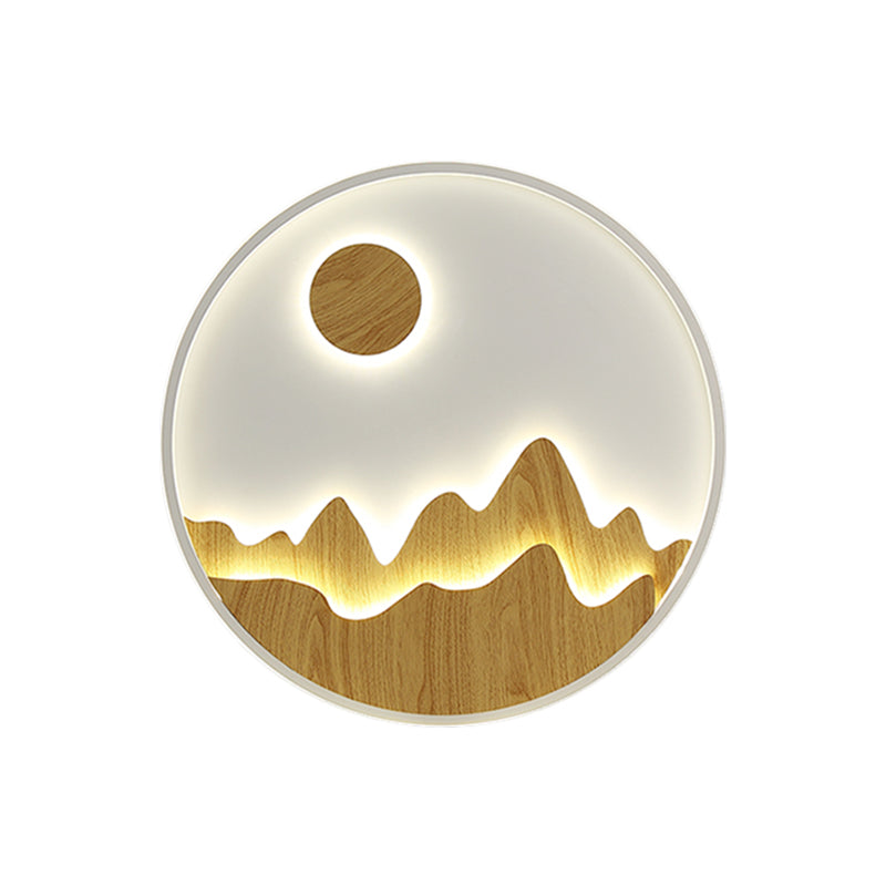 Wooden Sunlit Mountain Wall Lamp - Asian Circular Led Lighting In Yellow