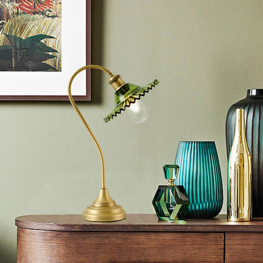 Sleek Grey/Green Ribbed Glass Brass Table Light With Curved Arm - Perfect Night Lighting Solution