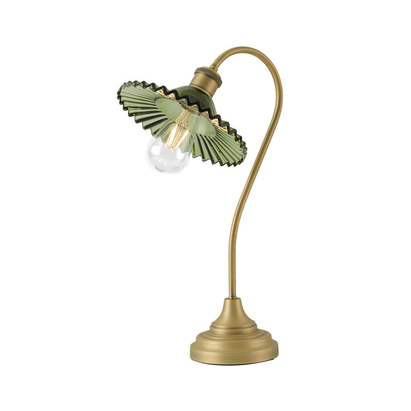 Sleek Grey/Green Ribbed Glass Brass Table Light With Curved Arm - Perfect Night Lighting Solution