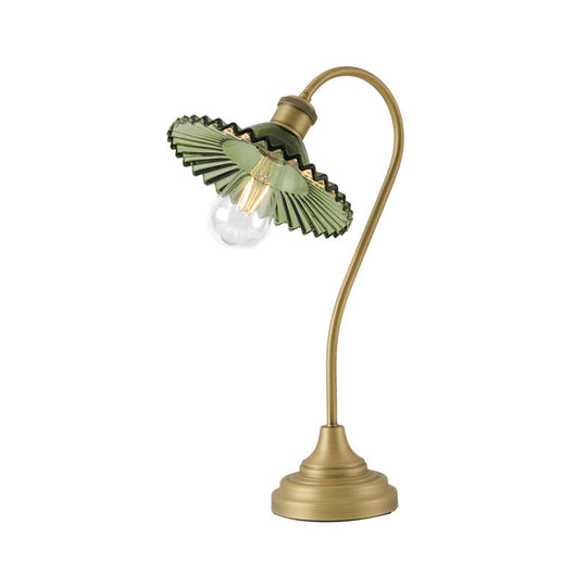 Sleek Grey/Green Ribbed Glass Brass Table Light With Curved Arm - Perfect Night Lighting Solution