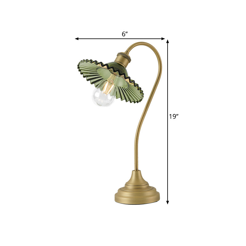 Sleek Grey/Green Ribbed Glass Brass Table Light With Curved Arm - Perfect Night Lighting Solution