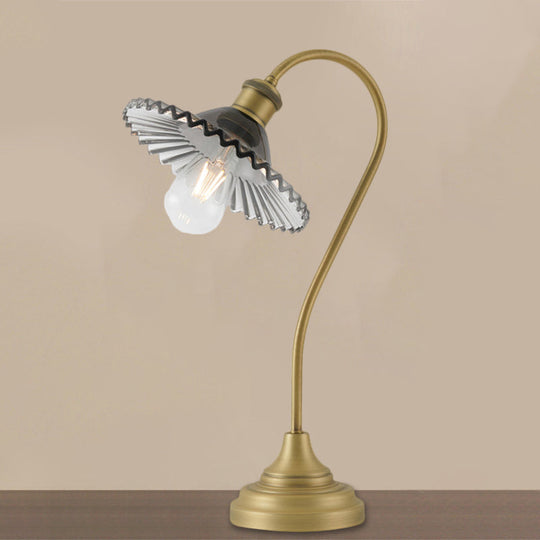 Sleek Grey/Green Ribbed Glass Brass Table Light With Curved Arm - Perfect Night Lighting Solution