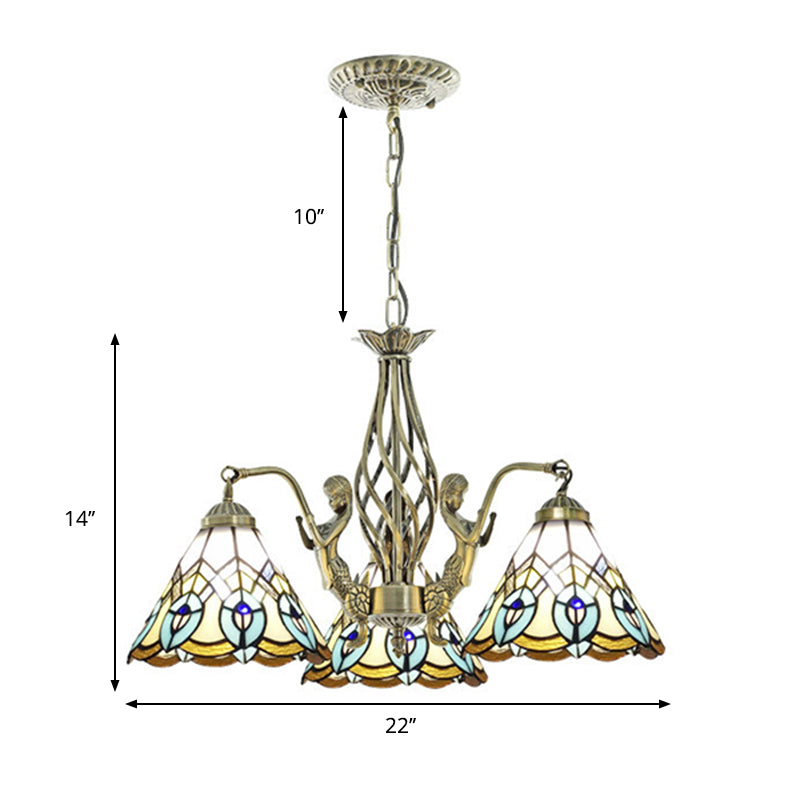 Tiffany Stained Glass Chandelier with Mermaid Deco and 3 Lights