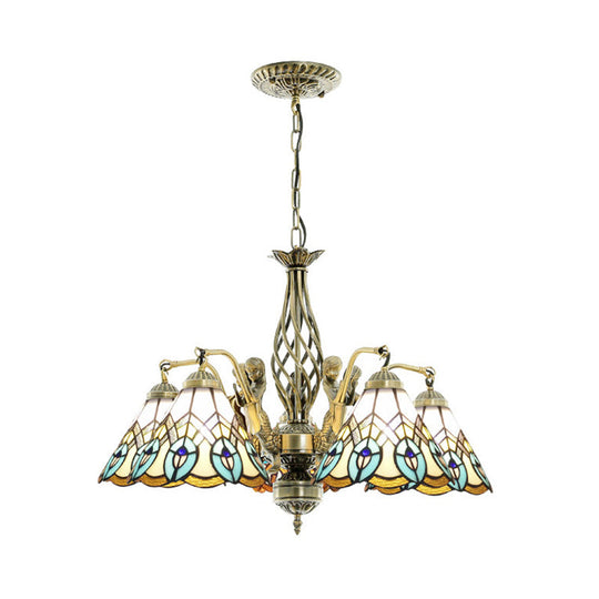 Peacock Stained Glass Pendant Chandelier - 5-Light Hanging Fixture in White