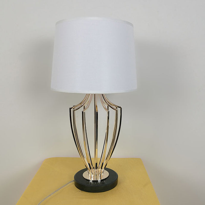 Modern Barrel Table Lamp - Minimalistic Fabric Shade 11/14 Width One Head Black/White Urn Cage Base