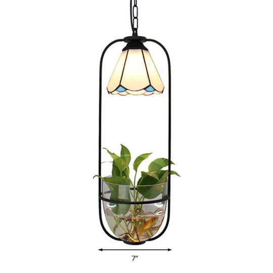 Stylish Tiffany Handcrafted Art Glass Pendant Light Fixture - Conical Ceiling With Plant Motif