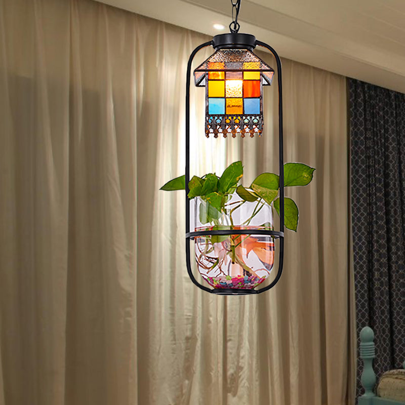 Tiffany Style House Shaped Hanging Lamp With Stainless Glass & Black Finish - 1 Head Ceiling Light