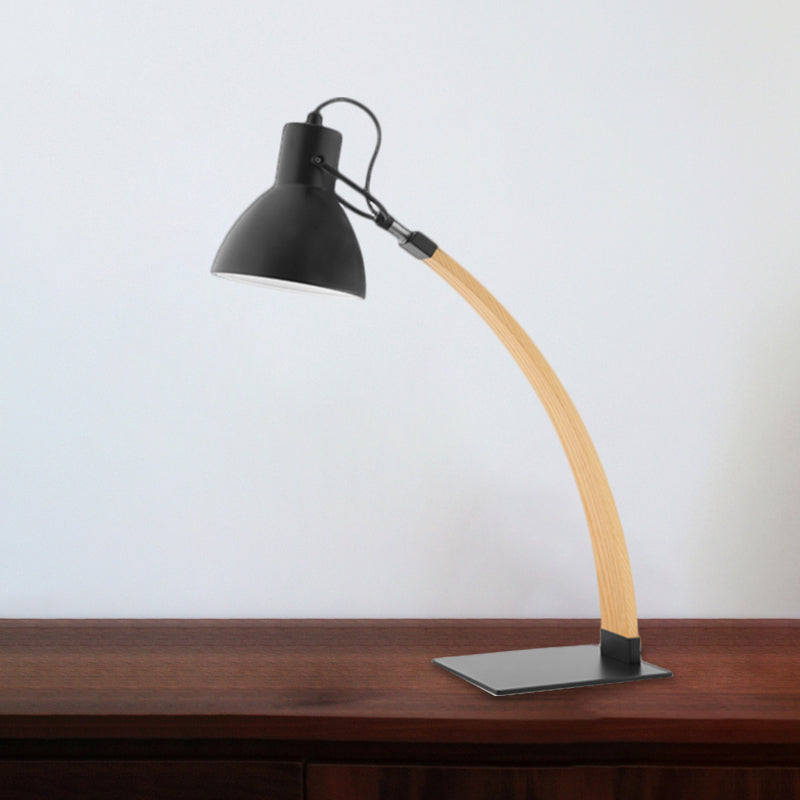 Simple Black/White Wood Study Room Desk Lighting With Metallic Dome Shade 1-Light Reading Light