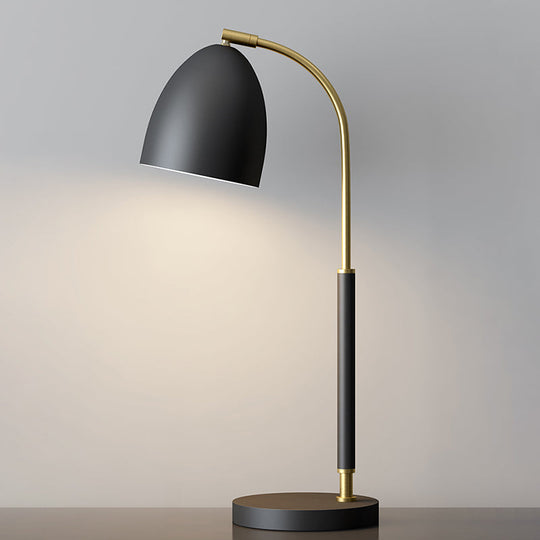 Sleek Metallic Dome Table Lamp With Curved Arm - Modern Black Nightstand Lighting