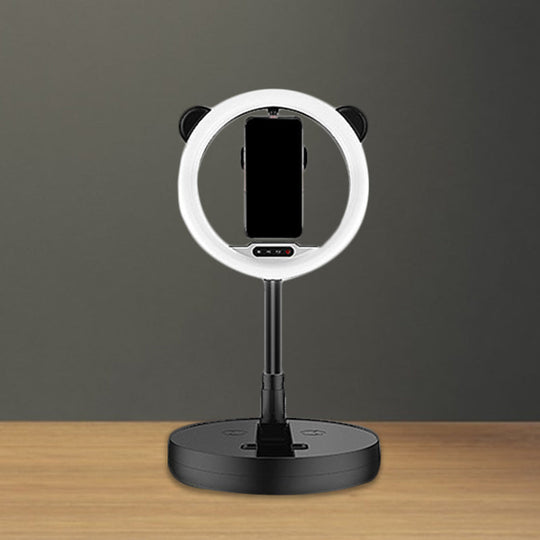 Minimalist Metal Mobile Phone Support With Circular Make-Up Light & Usb Port - Black/White Led