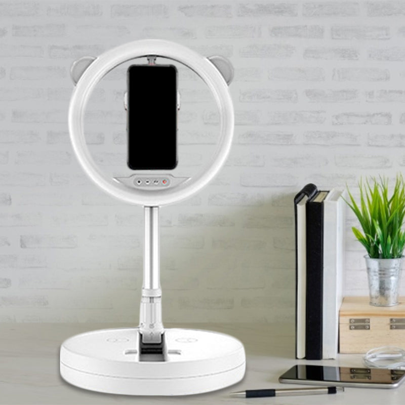 Minimalist Metal Mobile Phone Support With Circular Make-Up Light & Usb Port - Black/White Led