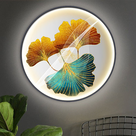 Ginkgo Leaf Asian Wall Sconce With Led Light In Yellow/Green Yellow-Green