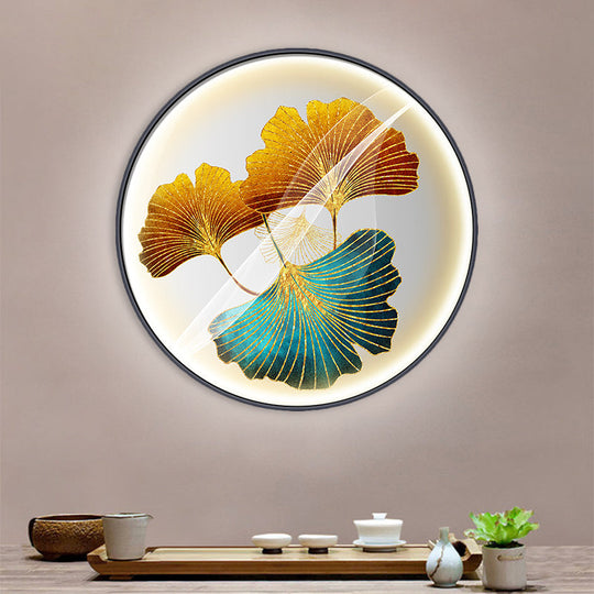 Ginkgo Leaf Asian Wall Sconce With Led Light In Yellow/Green