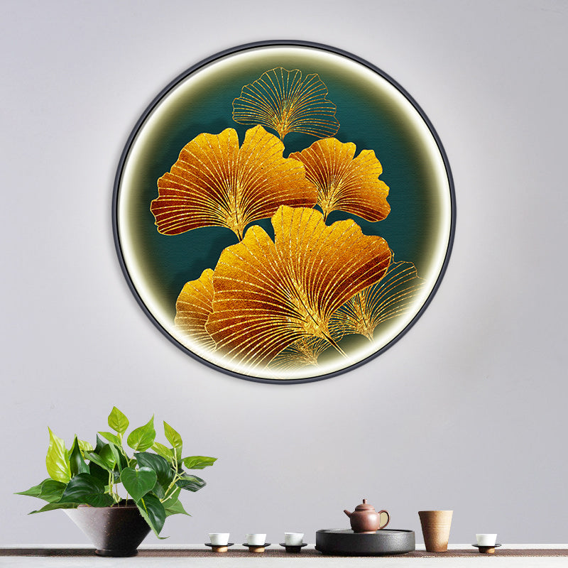 Ginkgo Leaf Asian Wall Sconce With Led Light In Yellow/Green Yellow