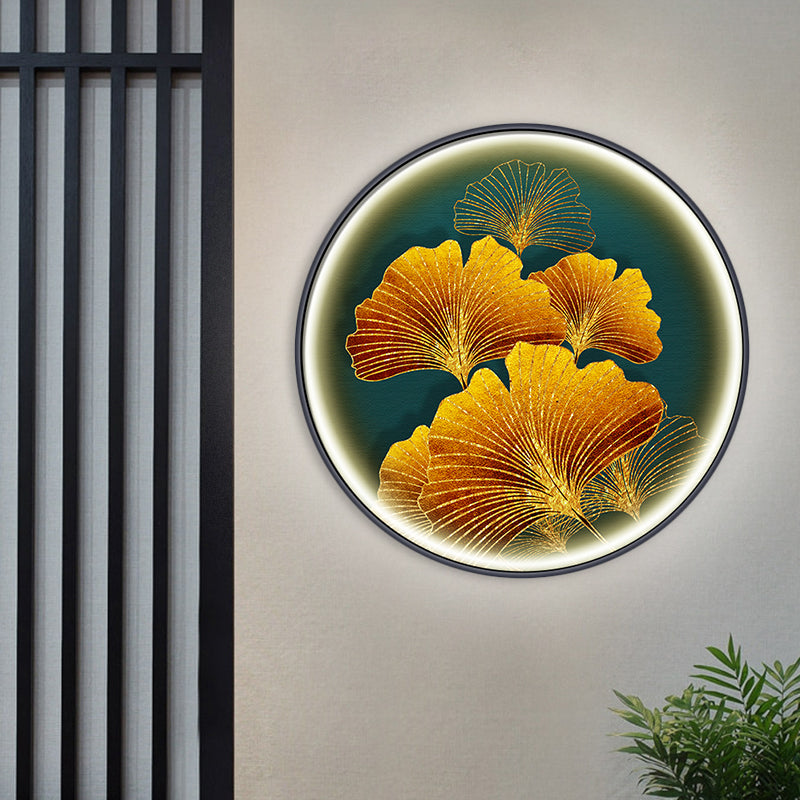 Ginkgo Leaf Asian Wall Sconce With Led Light In Yellow/Green