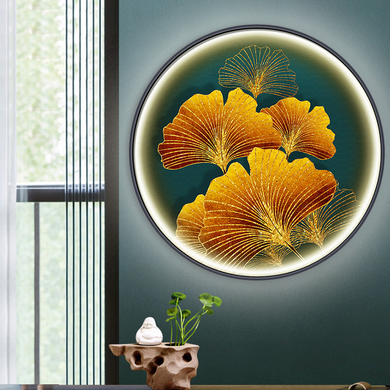 Ginkgo Leaf Asian Wall Sconce With Led Light In Yellow/Green