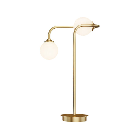 Minimalist 2-Head Gold Nightstand Lamp With Metal Arm - Global Milky Glass Table Lighting