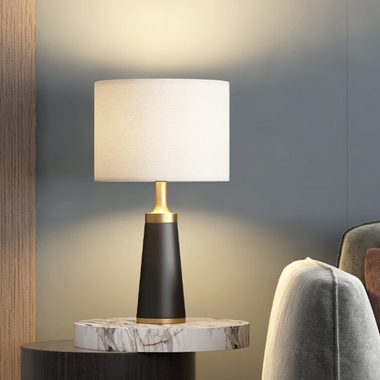 Modern Fabric Cylindrical Night Light: White Table Lamp With Metal Base