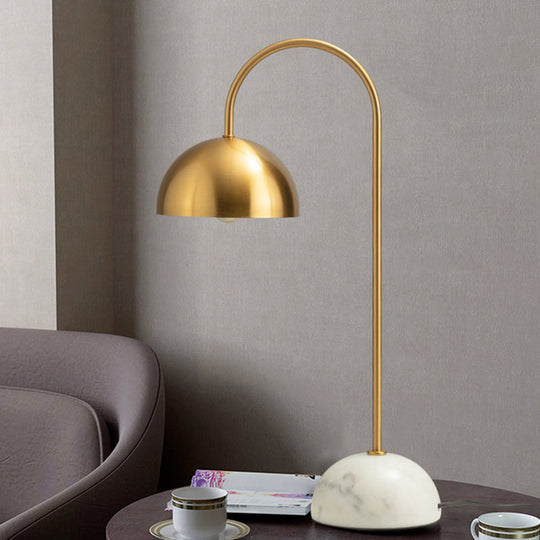 Minimalist Metallic Dome Nightstand Lamp With Curved Arm - Brass Finish