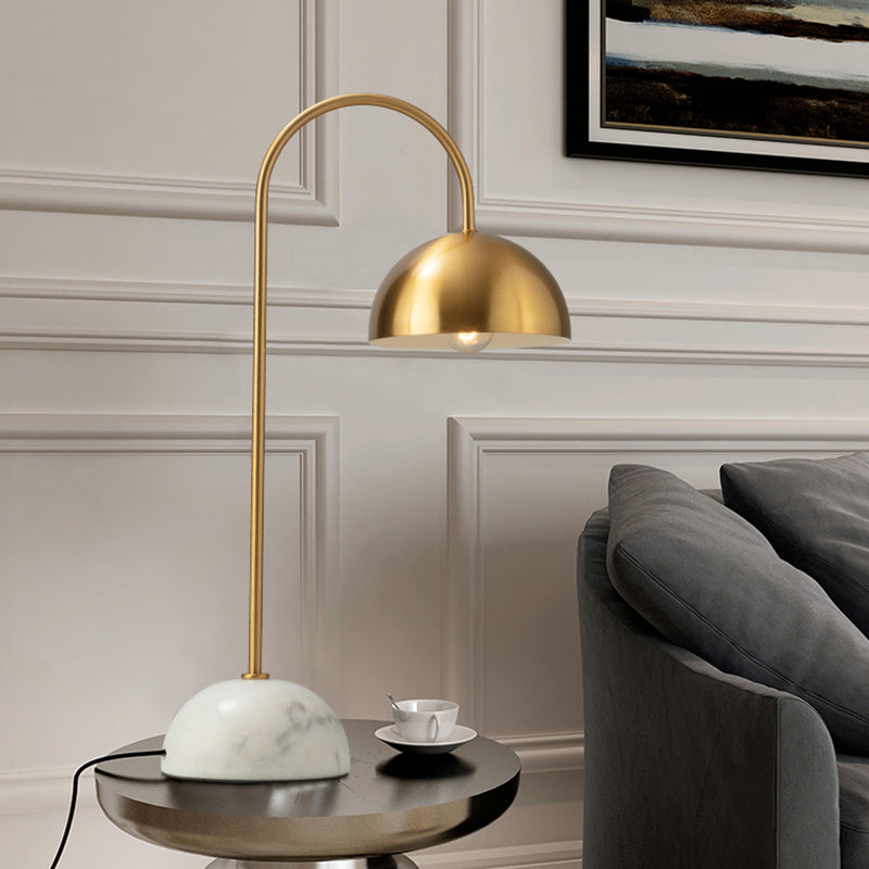 Minimalist Metallic Dome Nightstand Lamp With Curved Arm - Brass Finish