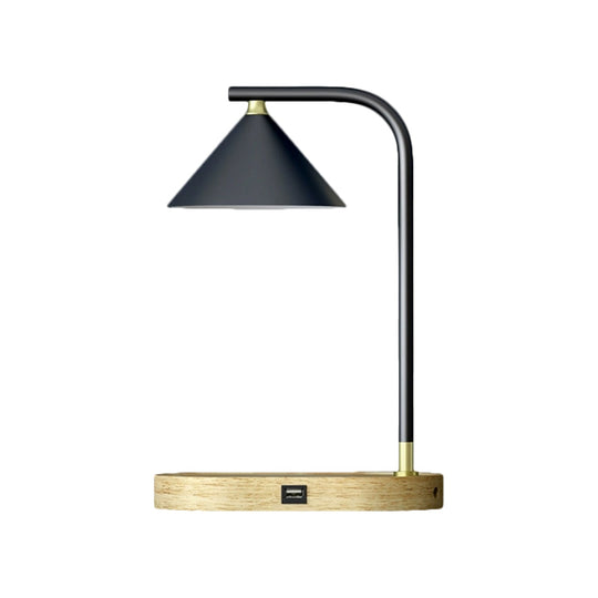 Léopoldine - Beige Simple Oblong Night Lighting Wood 1 Bulb Bedroom Desk Lamp in Beige with Conic Metal Shade